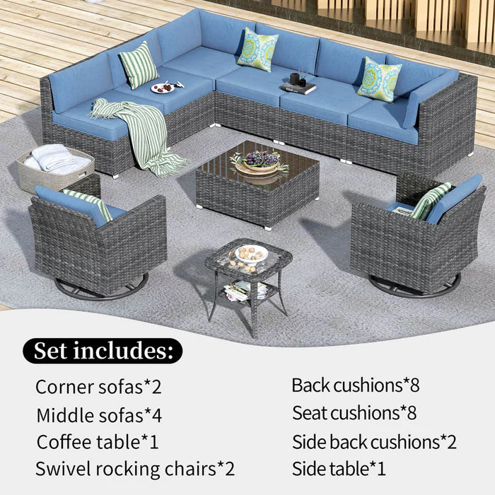 Patio Furniture 10-Piece Outdoor Sectional Sofa Set with Wicker Rocking Swivel Chairs and Tempered Glass Table