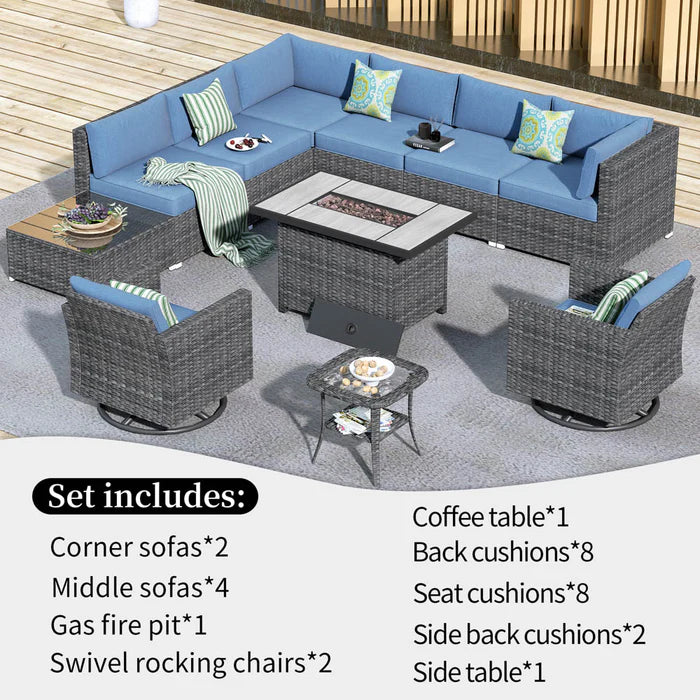 Patio Furniture 11-Piece Outdoor Sectional Sofa Set with Wicker Rocking Swivel Chairs and 42.12'' Fire Pit