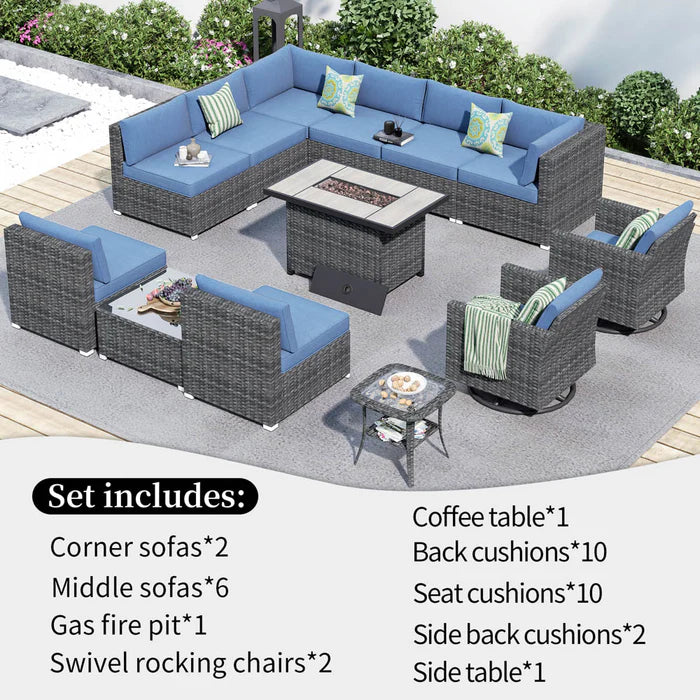 Patio Furniture 13-Piece Outdoor Sectional Sofa Set with Wicker Rocking Swivel Chairs and 42.12'' Fire Pit