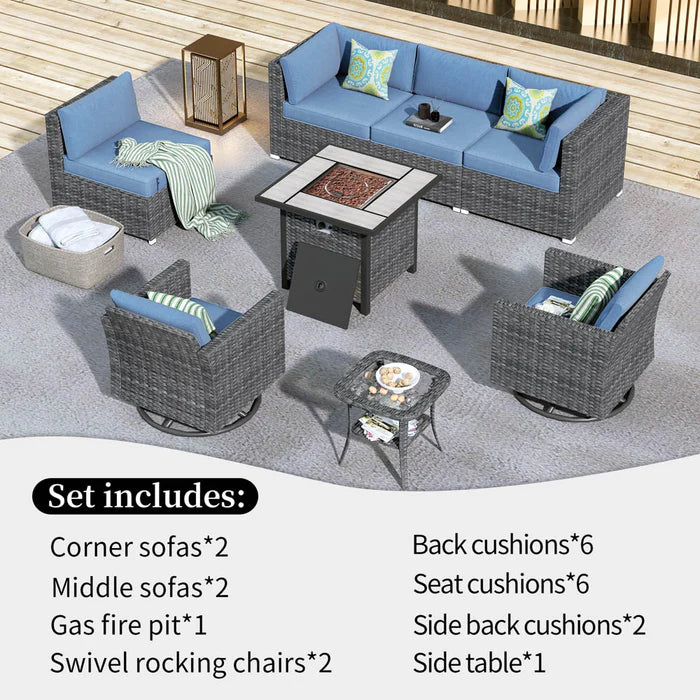 Patio Furniture 8-Piece Outdoor Sectional Sofa Set with Wicker Rocking Swivel Chairs and 30'' Fire Pit