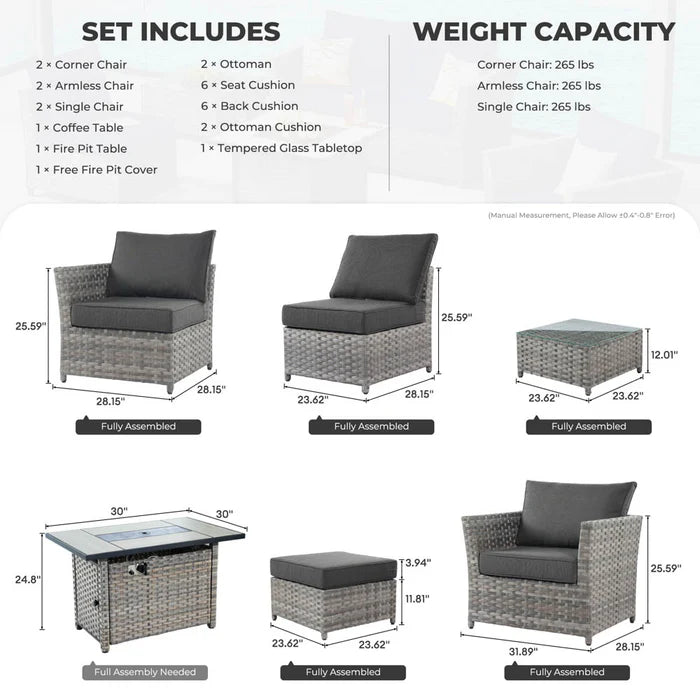 New Rimaru Series Patio Furniture Set 10-Piece include 42"Rectangle Fire Pit Table Partially Assembled