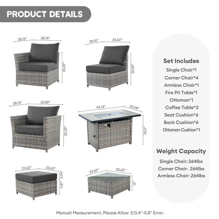 New Rimaru Series Patio Furniture Set 10-Piece include 42"Rectangle Fire Pit Table Partially Assembled