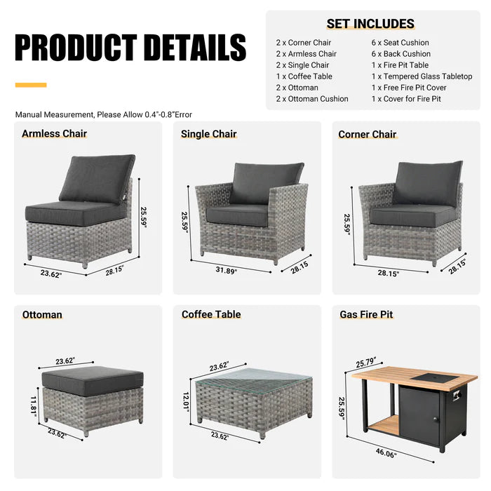 Patio Furniture Set 10-Piece include 42"Rectangle Fire Pit Table, Partially Assembled,BRS Series