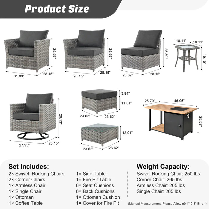 Patio Furniture Set 10-Piece include 42"Rectangle Fire Pit Table&Swivel Chairs, Partially Assembled,BRS Series