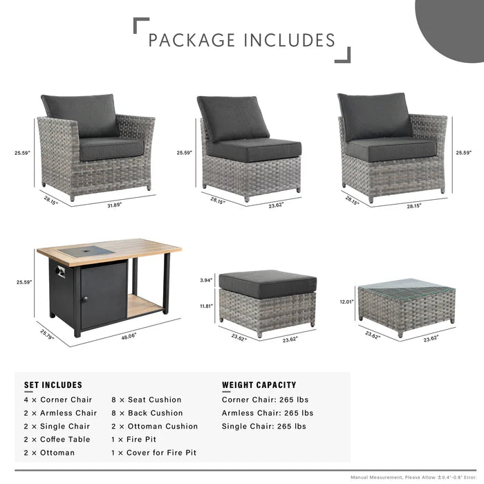 Patio Furniture Set 13-Piece include 42"Rectangle Fire Pit Table, Partially Assembled,BRS Series