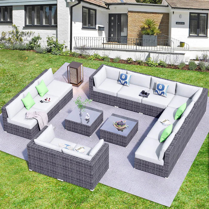 Patio Furniture Set 14-Piece with All Weather Rattan Wicker Sofa and Tempered Glass Table