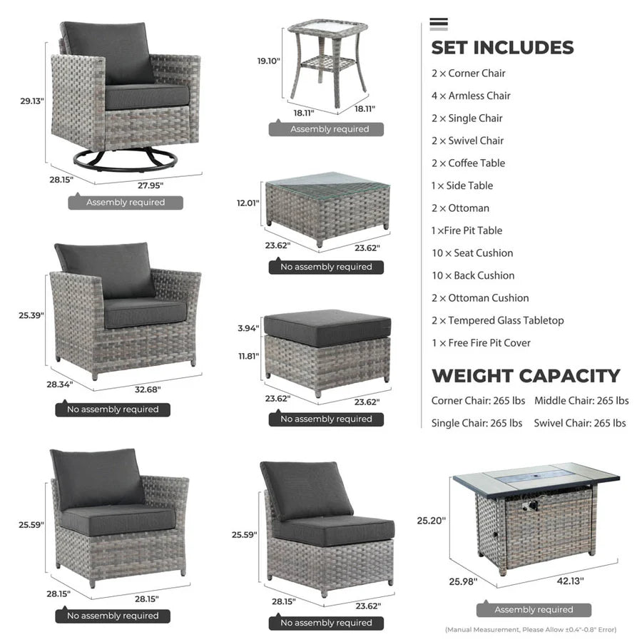 New Rimaru Series Patio Furniture Set 16-Piece include Swivel Chairs and 42"Rectangle Fire Pit Table Partially Assembled