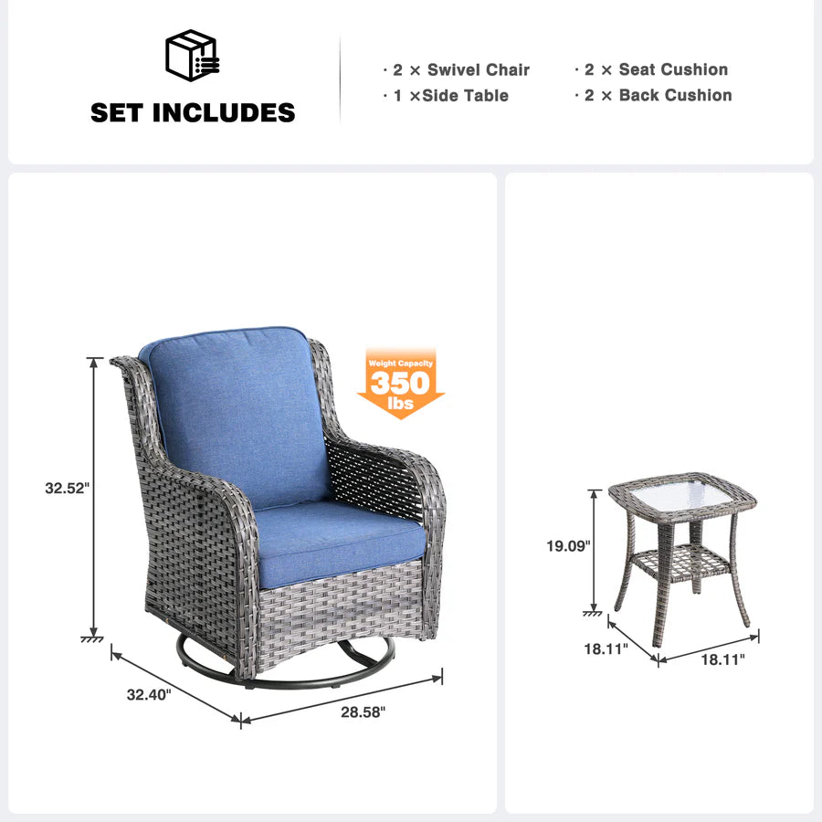Patio Furniture Set 3-Piece with Swivel Chairs and Side Table Kenard