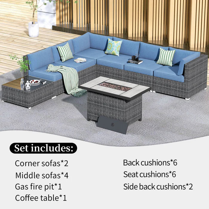 Patio Furniture Set 8-Piece with All Weather Rattan Wicker Sofa and 42.12'' Fire Pit