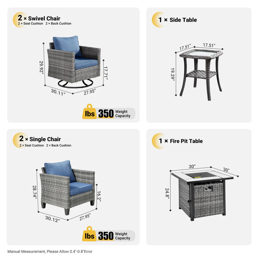 Patio Vultros 6-Piece Conversation Set, 2 Swivel Chairs 2 Chairs with 30'' Propane Fire Pit Table