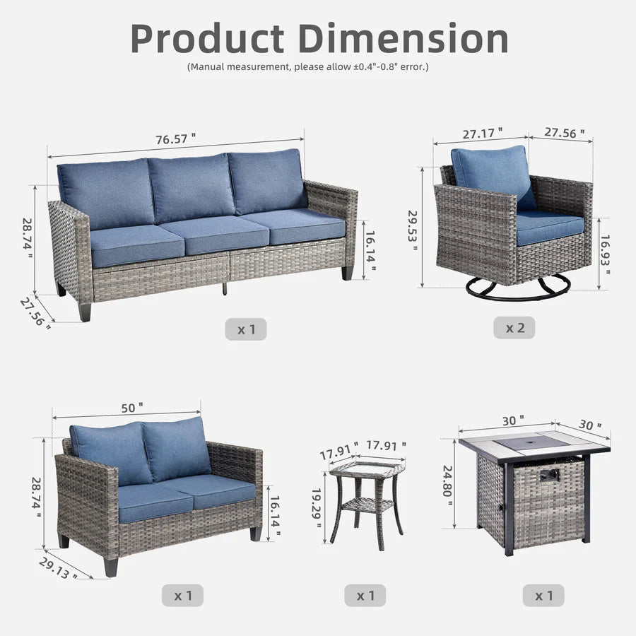 Patio Vultros 6-Piece Set With Swivel Chair Lover seat and 30'' Propane Fire Pit Table