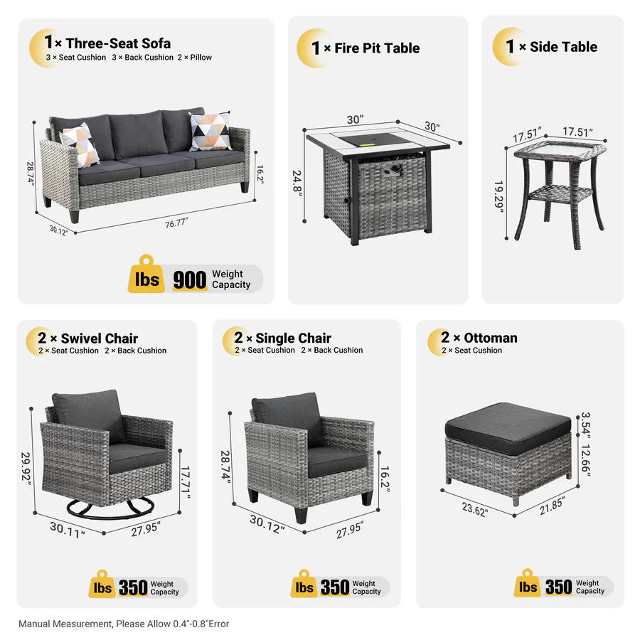 Patio Vultros 9-Piece Set with 2 Swivel Chairs and 30'' Propane Fire Pit Table