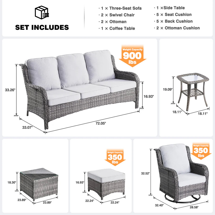 Patio Conversation Set 7-Piece with Swivel Chairs and Table Kenard
