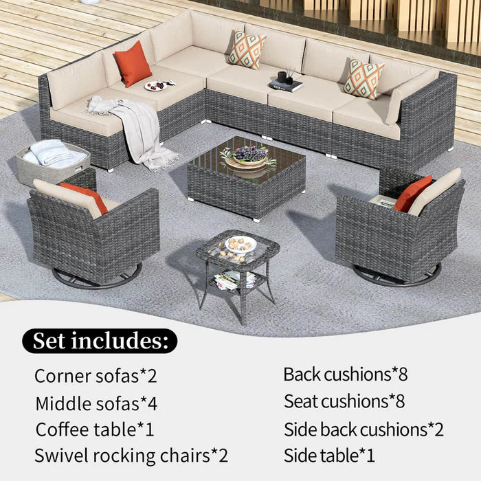 Patio Furniture 10-Piece Outdoor Sectional Sofa Set with Wicker Rocking Swivel Chairs and Tempered Glass Table