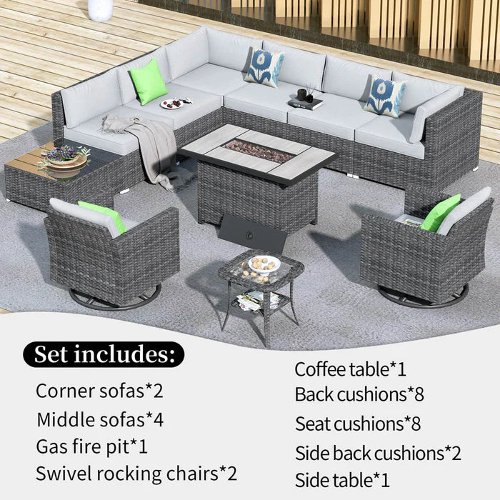 Patio Furniture 11-Piece Outdoor Sectional Sofa Set with Wicker Rocking Swivel Chairs and 42.12'' Fire Pit