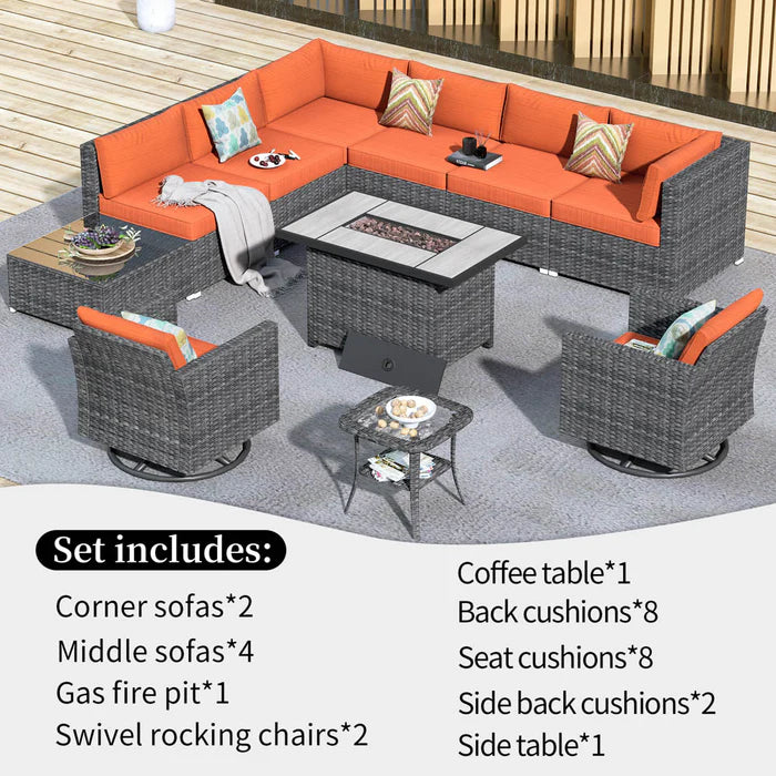 Patio Furniture 11-Piece Outdoor Sectional Sofa Set with Wicker Rocking Swivel Chairs and 42.12'' Fire Pit
