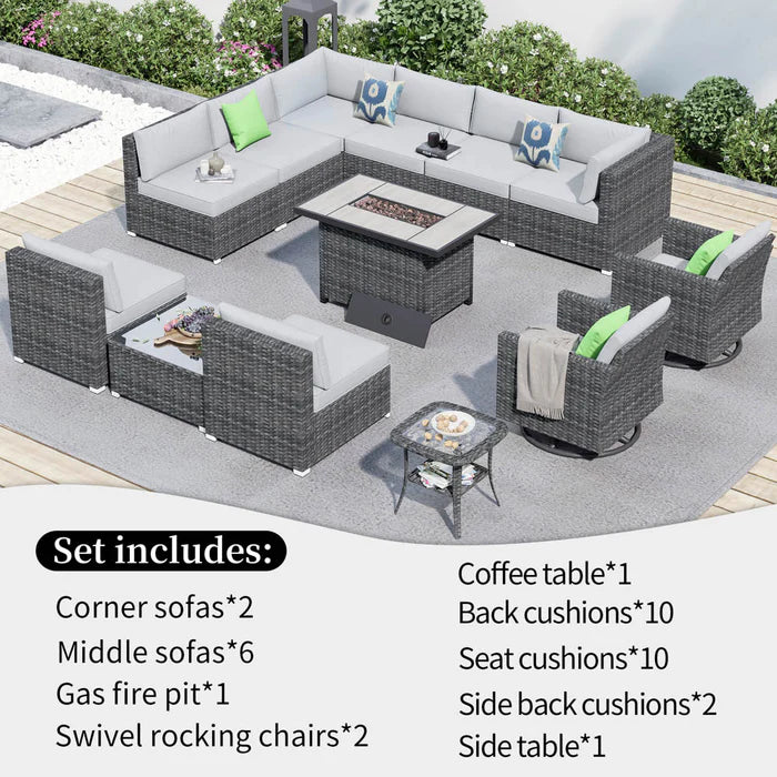 Patio Furniture 13-Piece Outdoor Sectional Sofa Set with Wicker Rocking Swivel Chairs and 42.12'' Fire Pit
