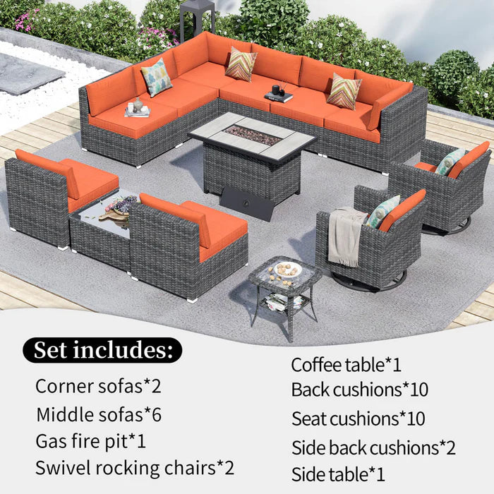 Patio Furniture 13-Piece Outdoor Sectional Sofa Set with Wicker Rocking Swivel Chairs and 42.12'' Fire Pit