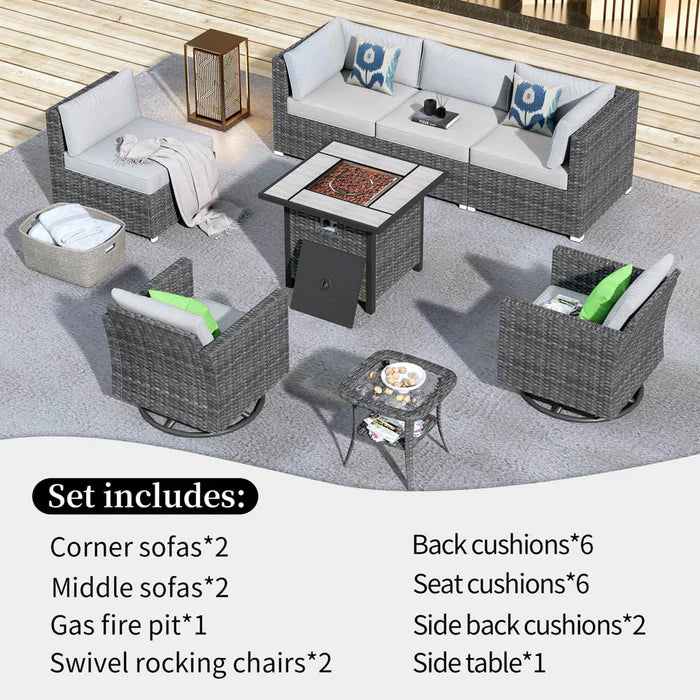 Patio Furniture 8-Piece Outdoor Sectional Sofa Set with Wicker Rocking Swivel Chairs and 30'' Fire Pit