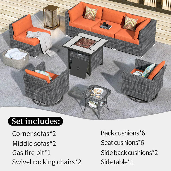 Patio Furniture 8-Piece Outdoor Sectional Sofa Set with Wicker Rocking Swivel Chairs and 30'' Fire Pit