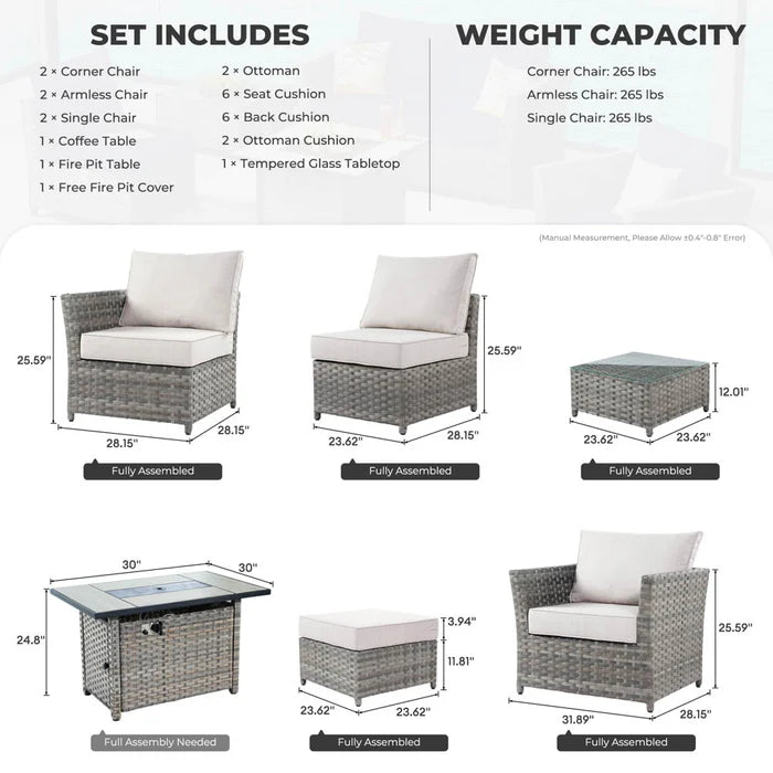 New Rimaru Series Patio Furniture Set 10-Piece include 42"Rectangle Fire Pit Table Partially Assembled