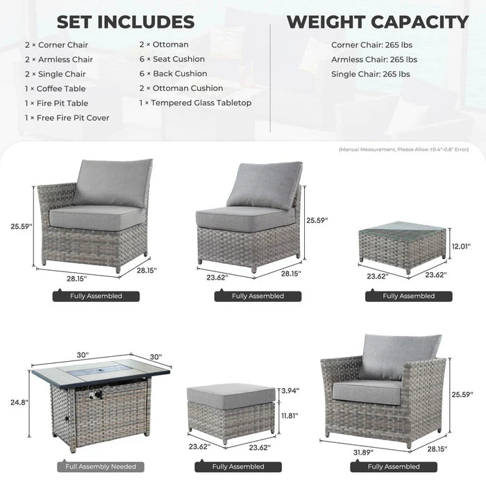 New Rimaru Series Patio Furniture Set 10-Piece include 42"Rectangle Fire Pit Table Partially Assembled