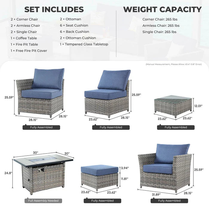 New Rimaru Series Patio Furniture Set 10-Piece include 42"Rectangle Fire Pit Table Partially Assembled