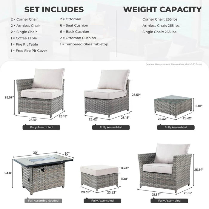 New Rimaru Series Patio Furniture Set 10-Piece include 42"Rectangle Fire Pit Table Partially Assembled