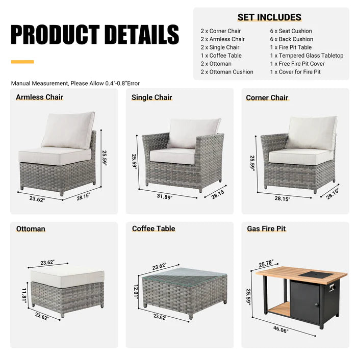 Patio Furniture Set 10-Piece include 42"Rectangle Fire Pit Table, Partially Assembled,BRS Series