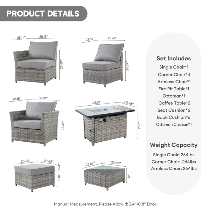 New Rimaru Series Patio Furniture Set 10-Piece include 42"Rectangle Fire Pit Table Partially Assembled