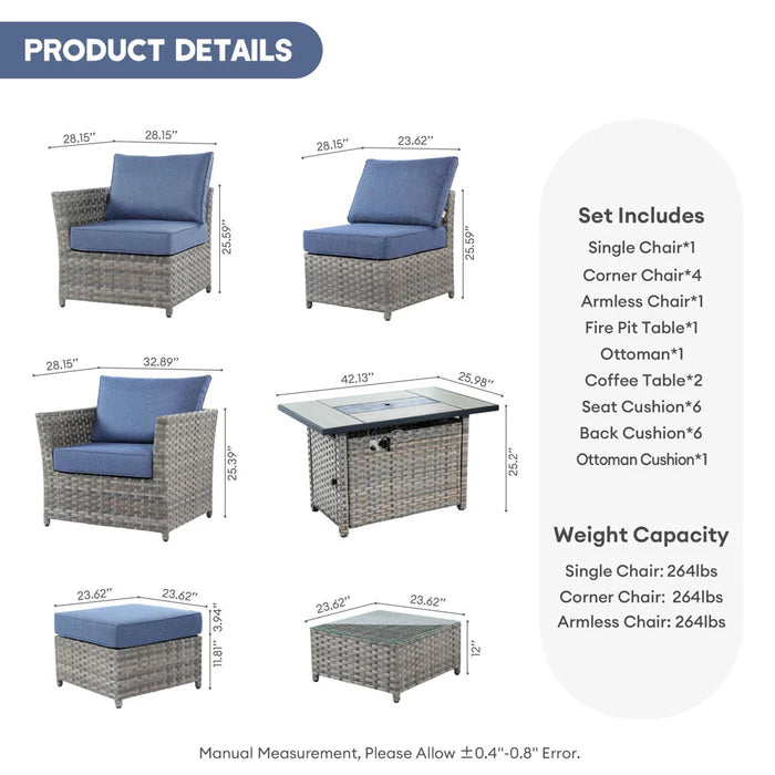 New Rimaru Series Patio Furniture Set 10-Piece include 42"Rectangle Fire Pit Table Partially Assembled