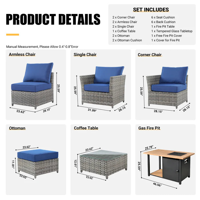 Patio Furniture Set 10-Piece include 42"Rectangle Fire Pit Table, Partially Assembled,BRS Series