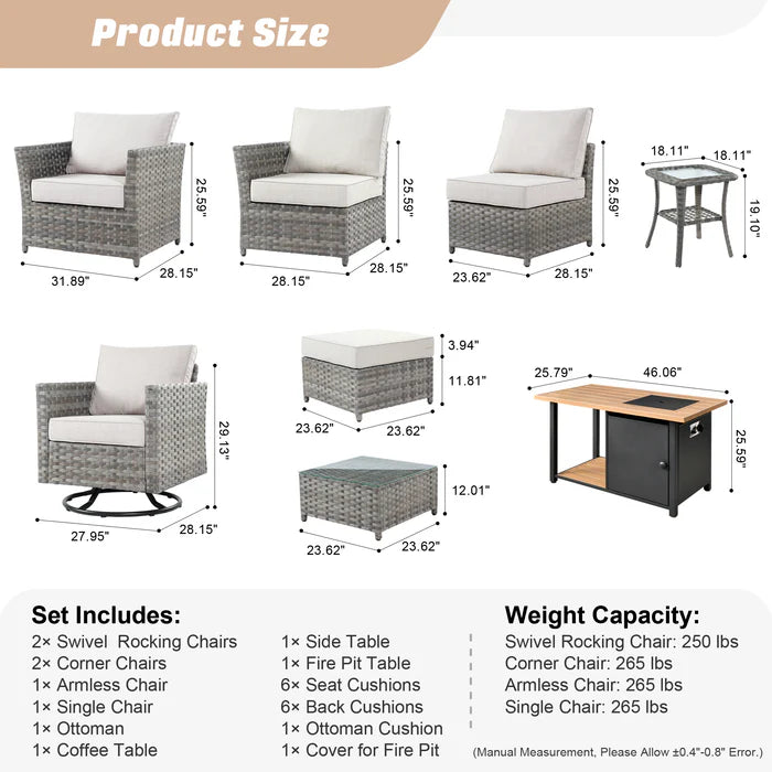 Patio Furniture Set 10-Piece include 42"Rectangle Fire Pit Table&Swivel Chairs, Partially Assembled,BRS Series