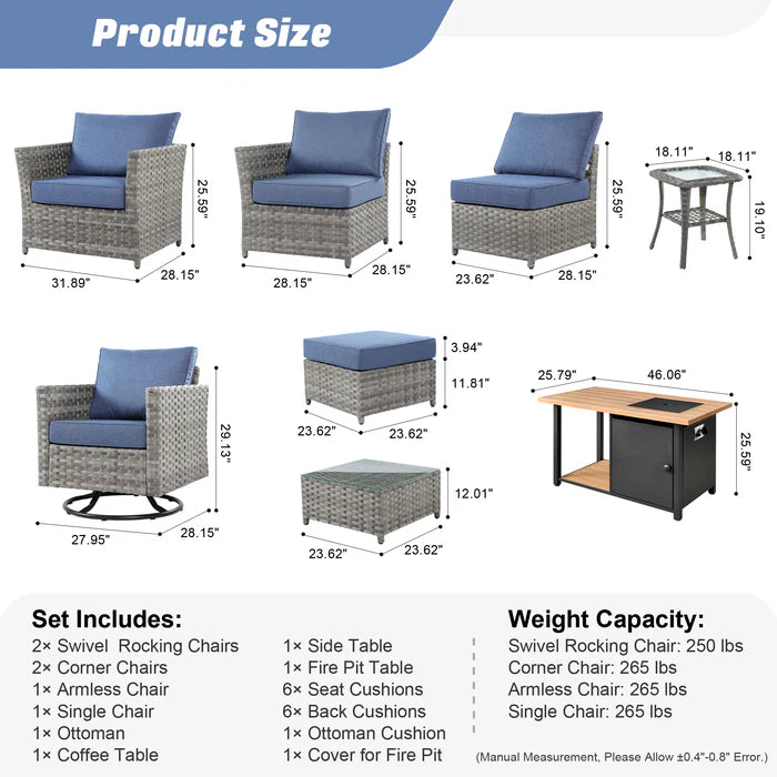 Patio Furniture Set 10-Piece include 42"Rectangle Fire Pit Table&Swivel Chairs, Partially Assembled,BRS Series