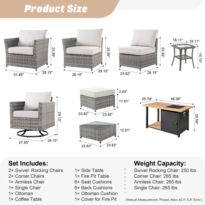 Patio Furniture Set 10-Piece include 42"Rectangle Fire Pit Table&Swivel Chairs, Partially Assembled,BRS Series