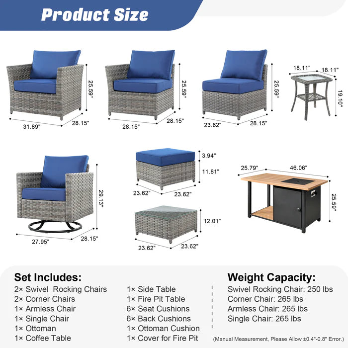 Patio Furniture Set 10-Piece include 42"Rectangle Fire Pit Table&Swivel Chairs, Partially Assembled,BRS Series