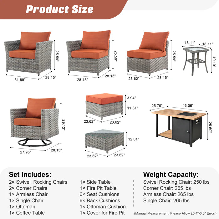 Patio Furniture Set 10-Piece include 42"Rectangle Fire Pit Table&Swivel Chairs, Partially Assembled,BRS Series