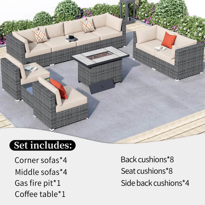 Patio Furniture Set 10-Piece with All Weather Rattan Wicker Sofa and 42.12'' Fire Pit