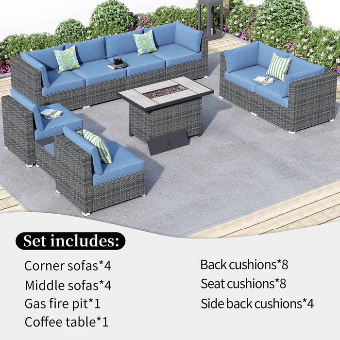 Patio Furniture Set 10-Piece with All Weather Rattan Wicker Sofa and 42.12'' Fire Pit