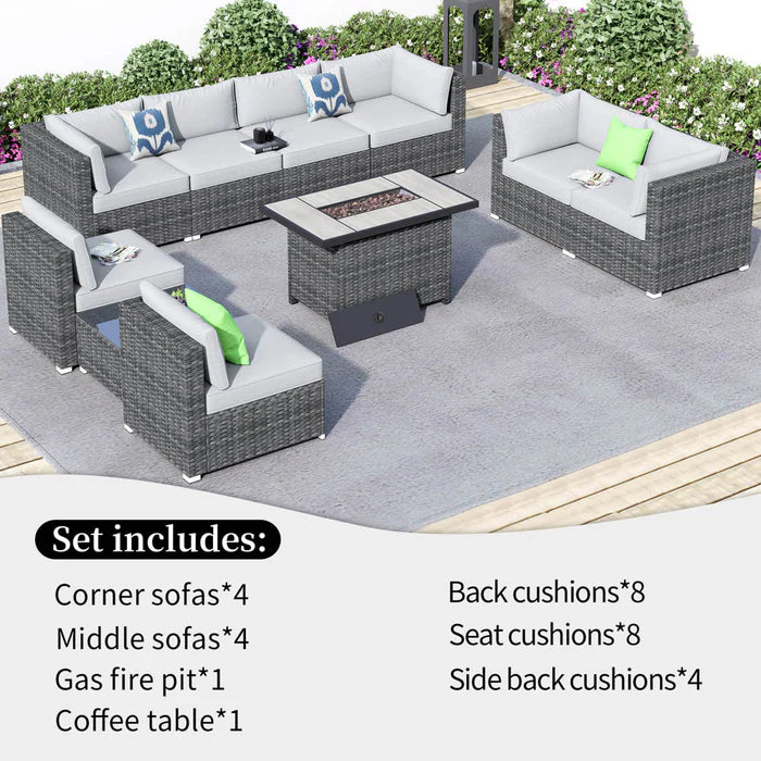 Patio Furniture Set 10-Piece with All Weather Rattan Wicker Sofa and 42.12'' Fire Pit