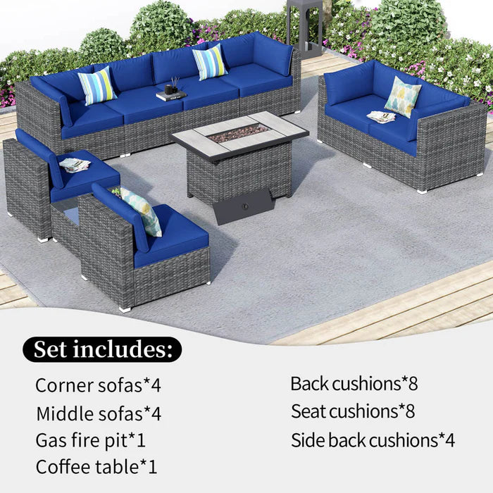 Patio Furniture Set 10-Piece with All Weather Rattan Wicker Sofa and 42.12'' Fire Pit