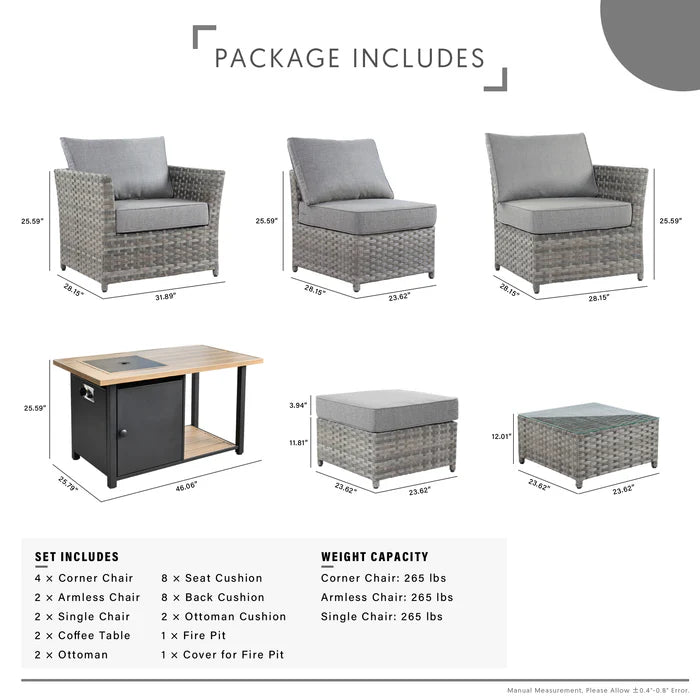Patio Furniture Set 13-Piece include 42"Rectangle Fire Pit Table, Partially Assembled,BRS Series