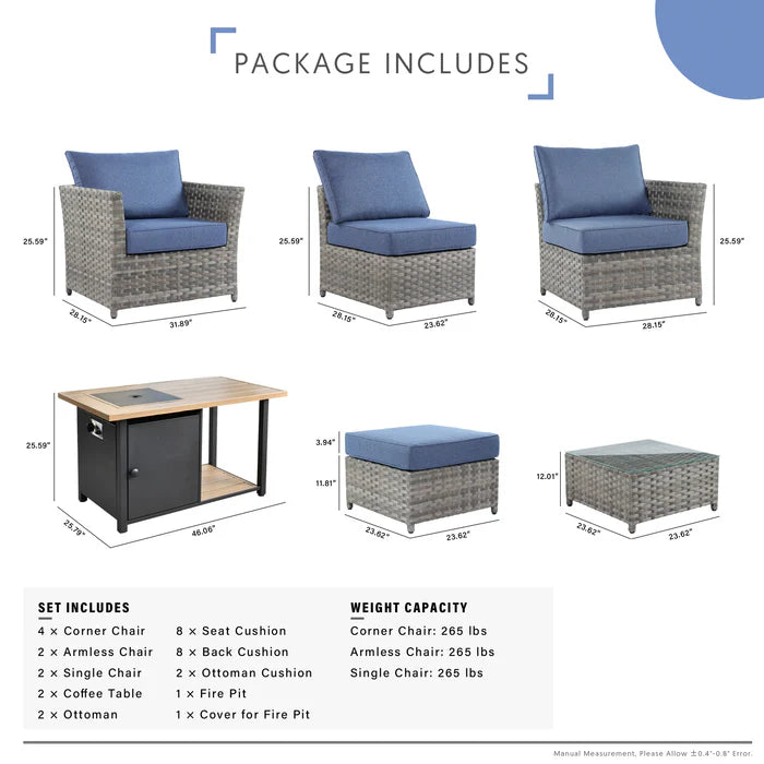 Patio Furniture Set 13-Piece include 42"Rectangle Fire Pit Table, Partially Assembled,BRS Series