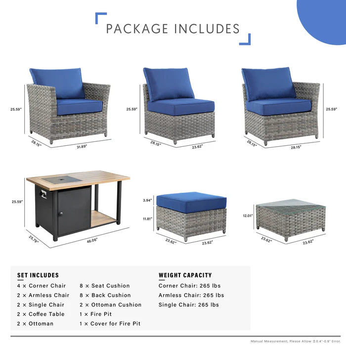 Patio Furniture Set 13-Piece include 42"Rectangle Fire Pit Table, Partially Assembled,BRS Series
