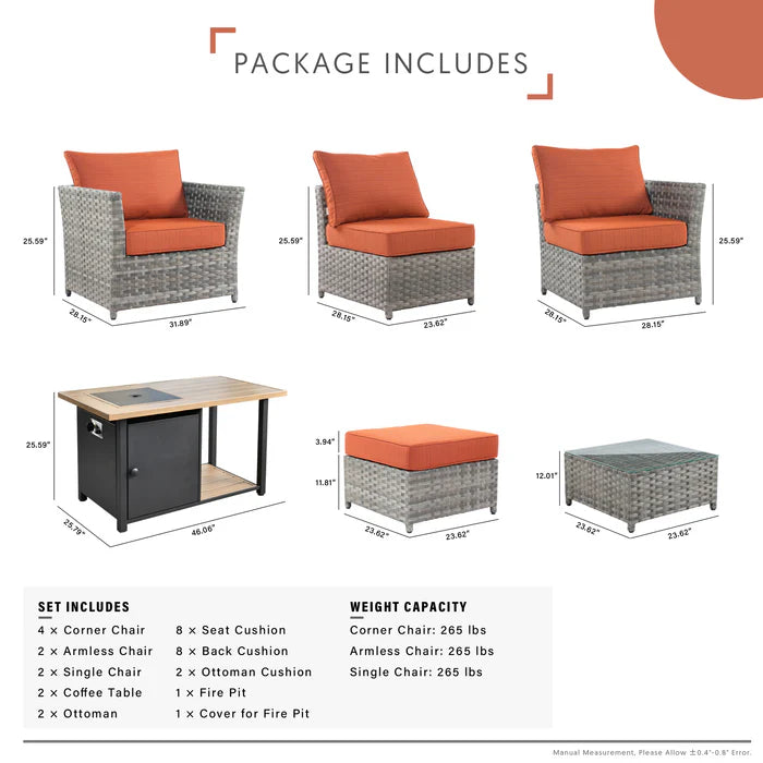 Patio Furniture Set 13-Piece include 42"Rectangle Fire Pit Table, Partially Assembled,BRS Series