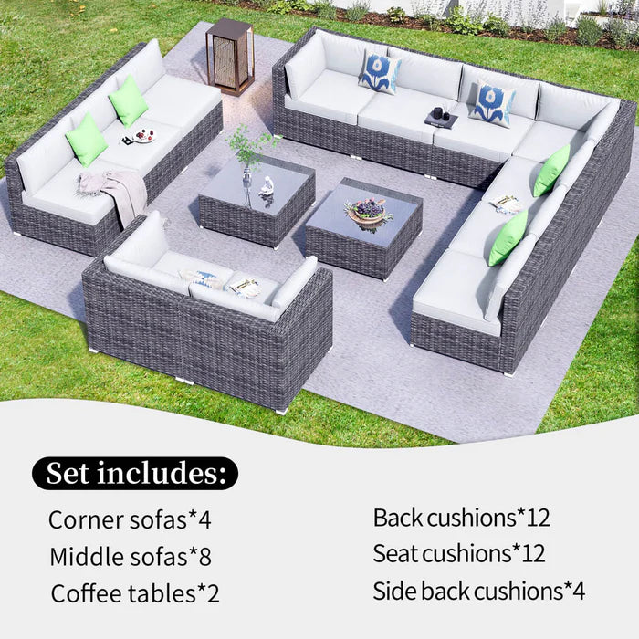 Patio Furniture Set 14-Piece with All Weather Rattan Wicker Sofa and Tempered Glass Table