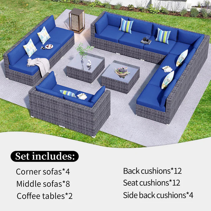 Patio Furniture Set 14-Piece with All Weather Rattan Wicker Sofa and Tempered Glass Table