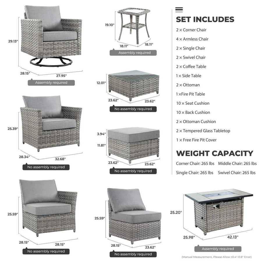 New Rimaru Series Patio Furniture Set 16-Piece include Swivel Chairs and 42"Rectangle Fire Pit Table Partially Assembled