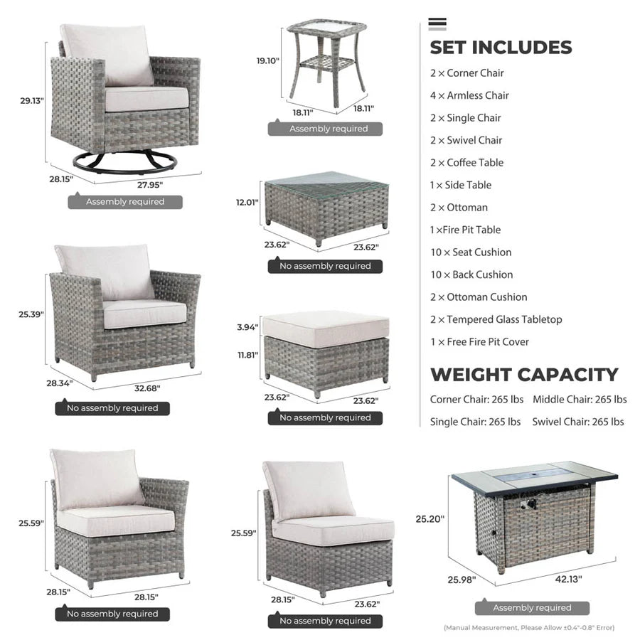 New Rimaru Series Patio Furniture Set 16-Piece include Swivel Chairs and 42"Rectangle Fire Pit Table Partially Assembled