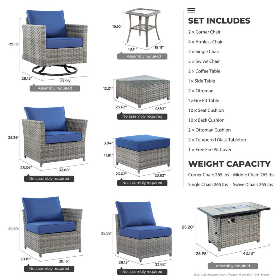 New Rimaru Series Patio Furniture Set 16-Piece include Swivel Chairs and 42"Rectangle Fire Pit Table Partially Assembled
